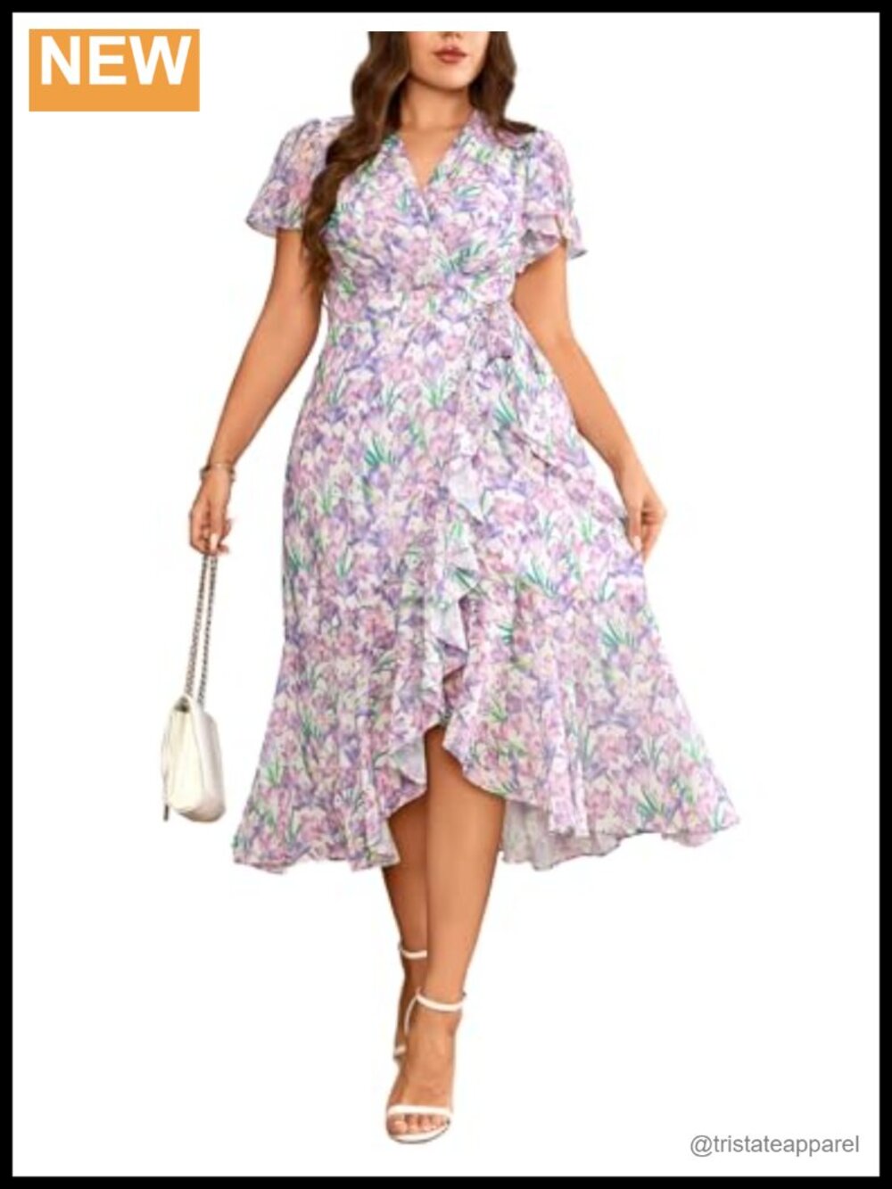 Plus Size Floral Chiffon Midi Wrap Dress Flutter Sleeve High Waist Wedding